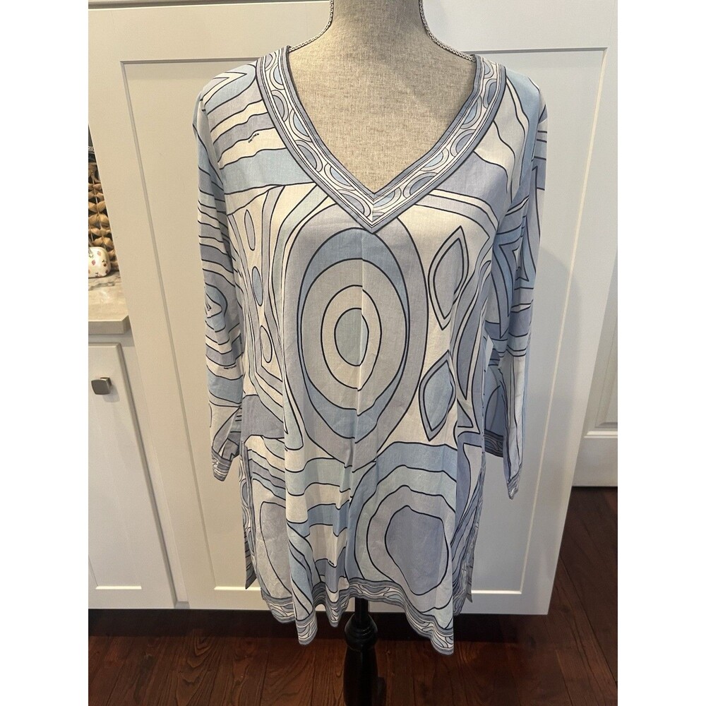 Gretchen Scott Designs Blue White Geometric Cotton Tunic Top V-Neck 3/4 Sleeve